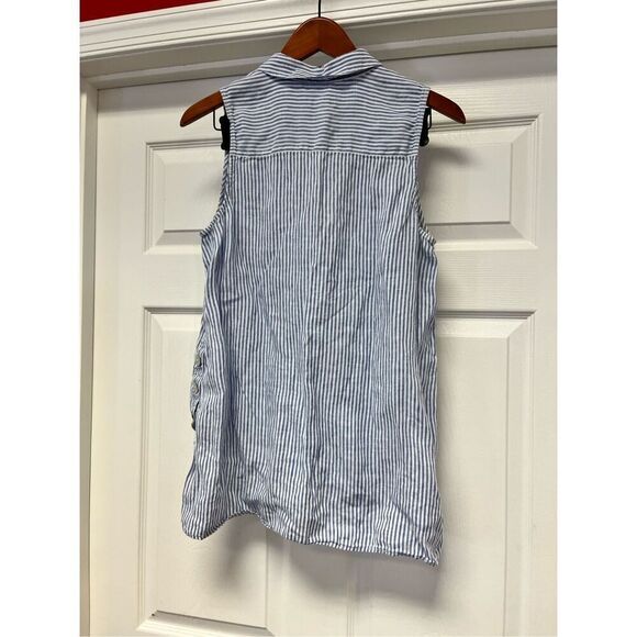 J. Jill Love Linen Blue & White stripe Side Button Sleeveless Button Down Shirt - Picture 4 of 5